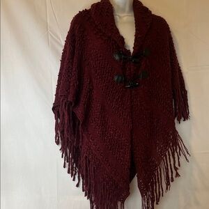 Elegant Maroon Knit Poncho with Toggle Accents